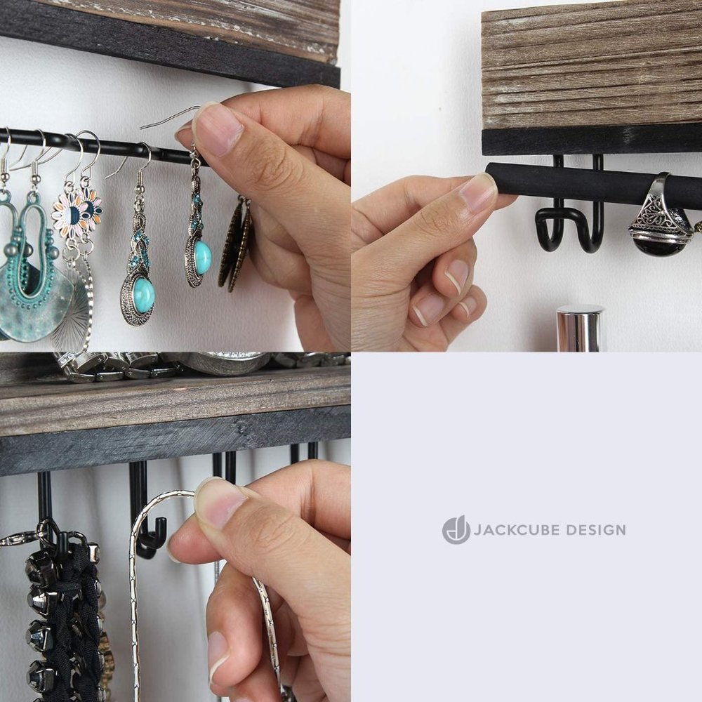 Rustic Wood 3-Piece Wall Mounted Jewelry Rack - Picture 5 of 7